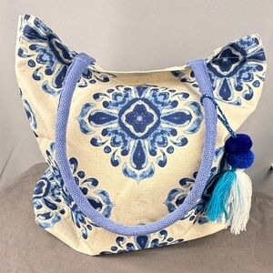 Coastal Tile Print Tote Bag Boho Beach Canvas Tassel Rope Handle
